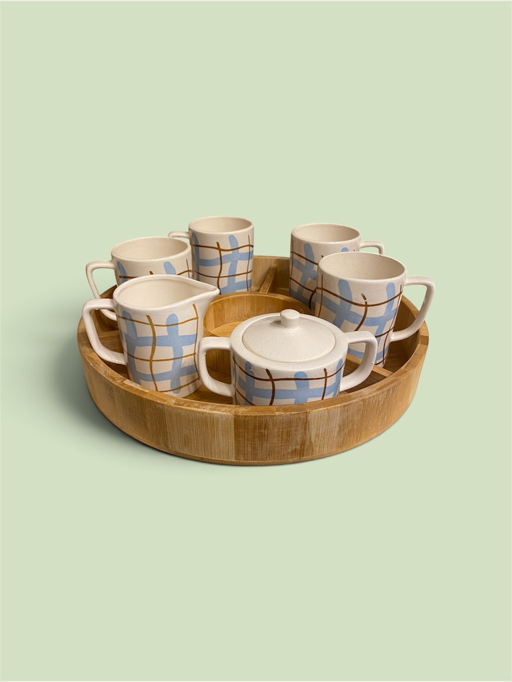 Vintage Blue & Beige Plaid Ceramic Mug Set